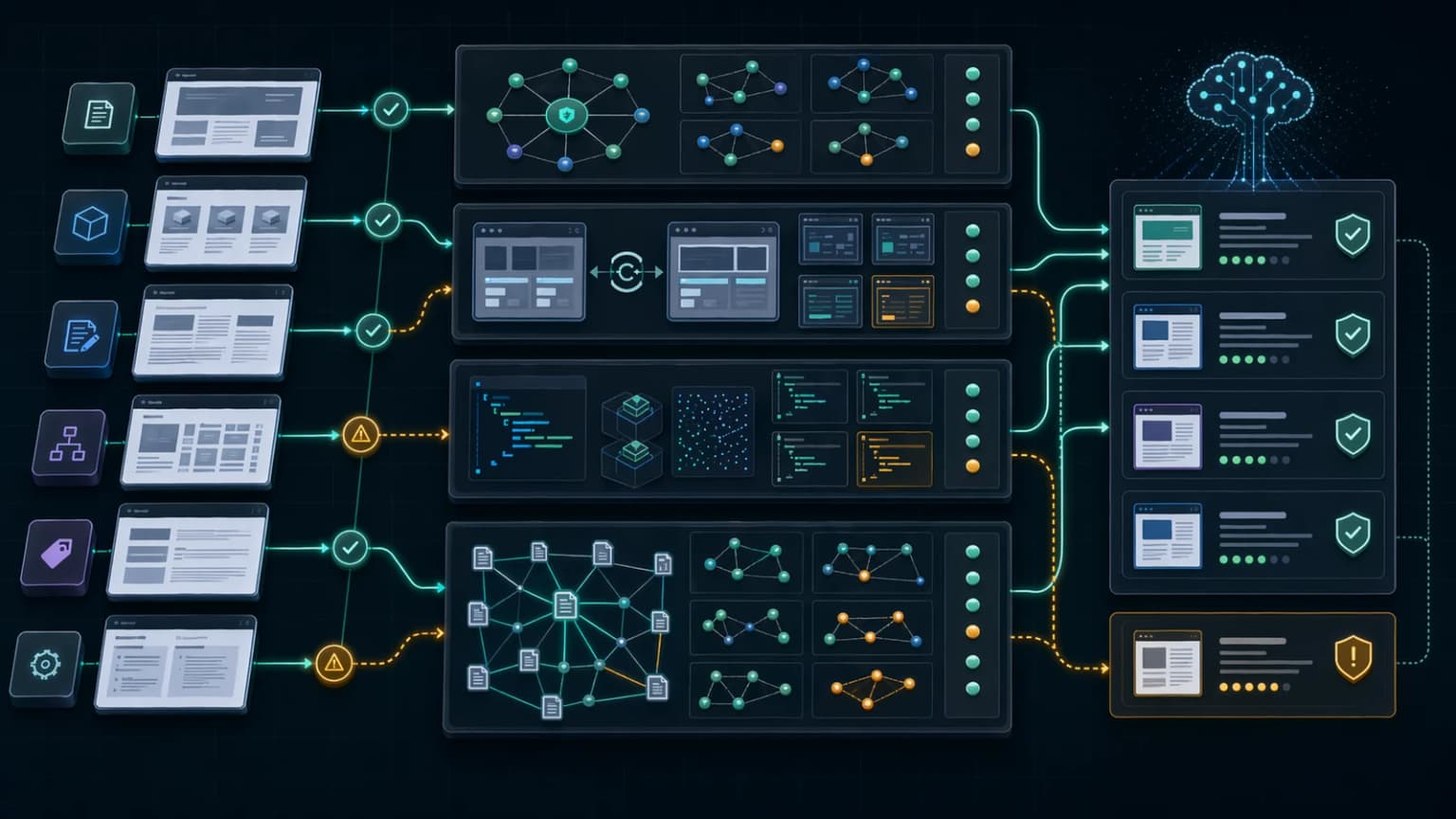 Zero-click system board showing entity consistency, rendering parity, structured data, and internal-link reinforcement across route types.
