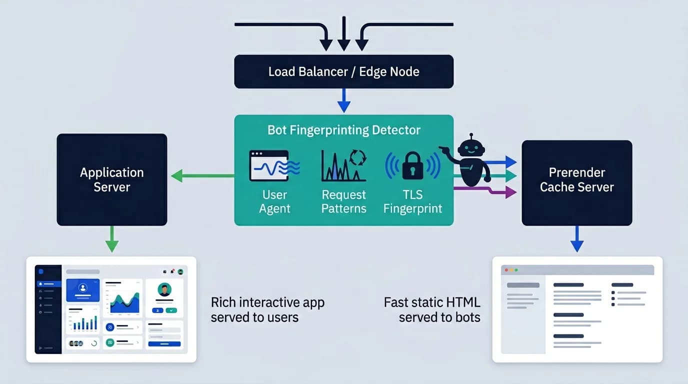 Bot detection and prerendering offload architecture for automated crawler traffic.