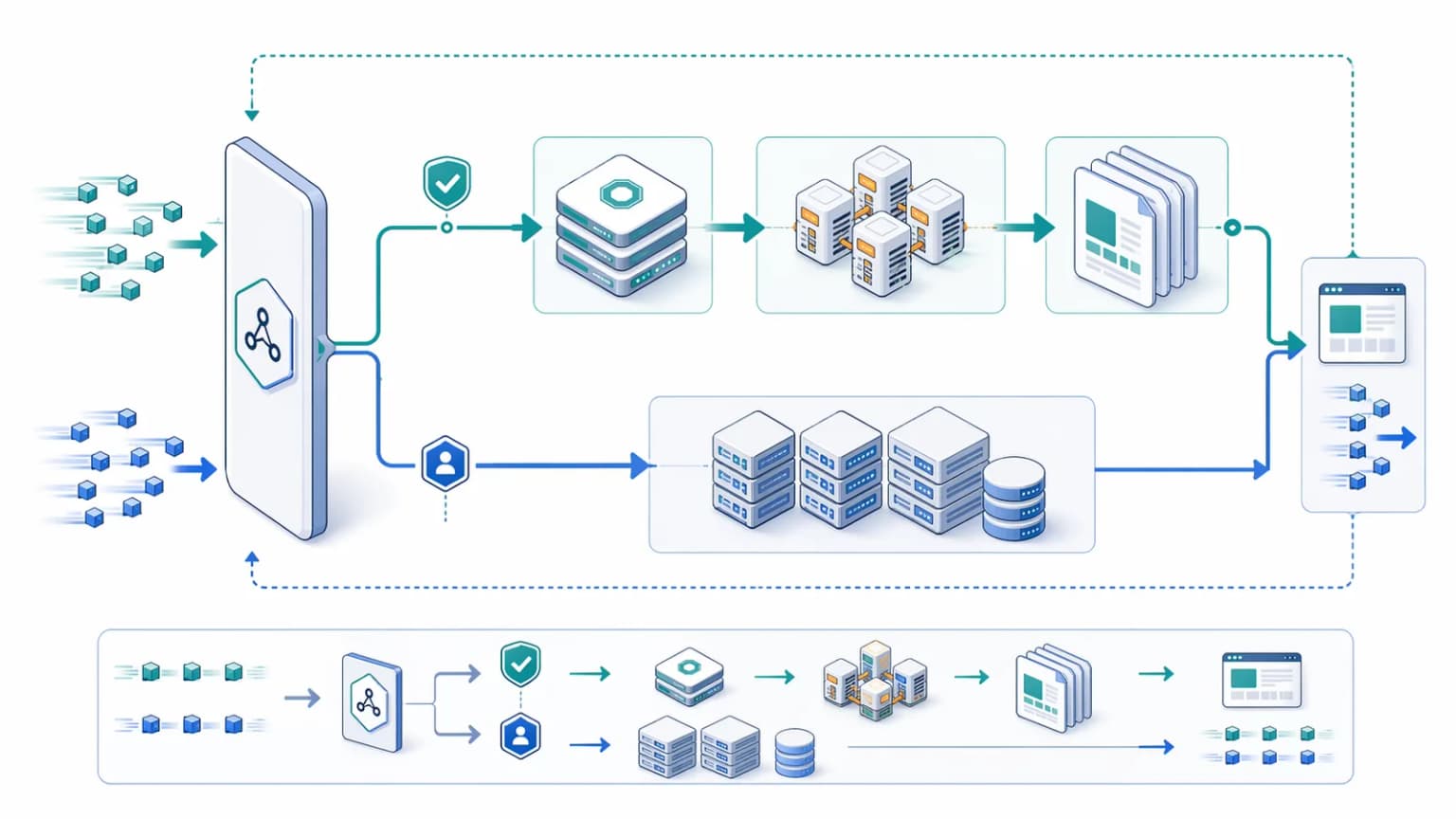 Prerender offload workflow showing verified machine traffic routed through cache and rendering workers while human traffic reaches the app origin.