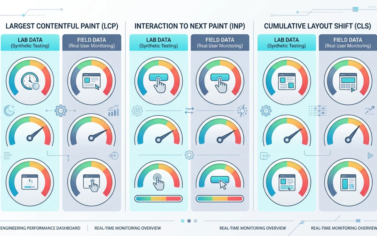 Core Web Vitals optimization for engineering teams across Largest Contentful Paint, Interaction to Next Paint, and Cumulative Layout Shift.