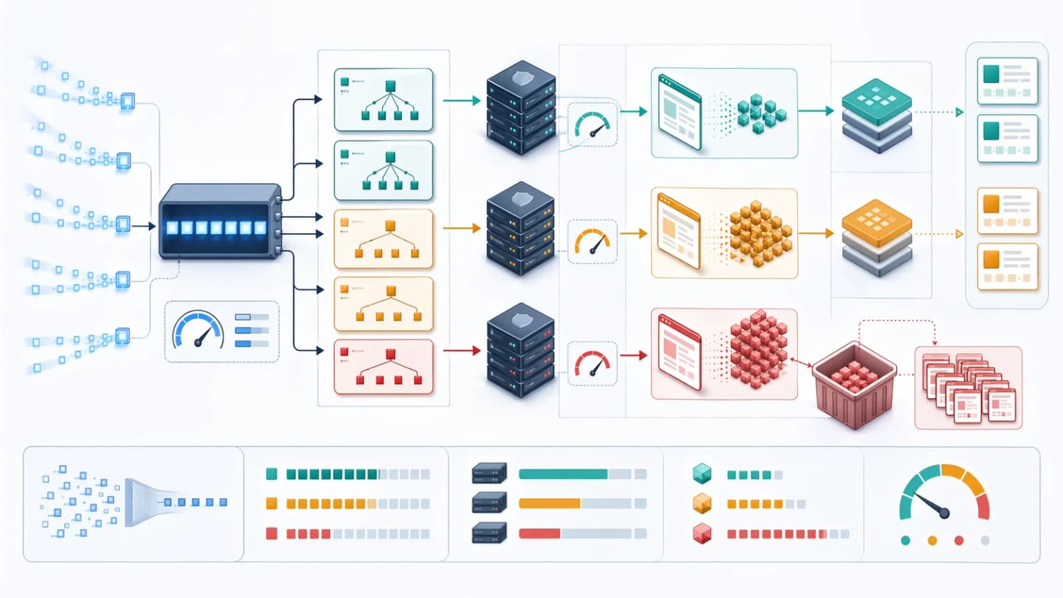 Crawl capacity architecture showing URL fetch queues, route families, origin limits, rendering cost, duplicate waste, and priority pages.