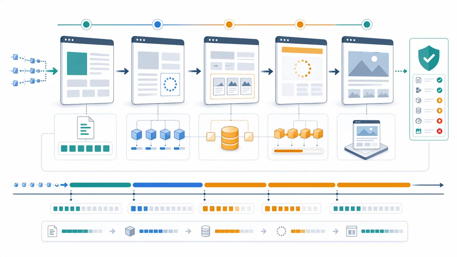 Rendering delay workflow showing first HTML response, JavaScript loading, API dependencies, hydration, rendered snapshot, and validation checkpoint.