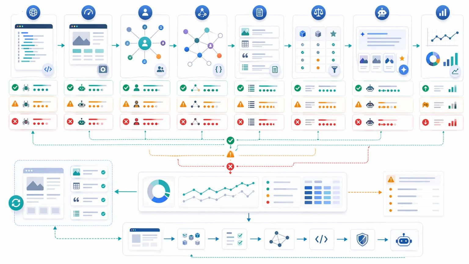 Citation validation workflow from raw HTML and entity checks to source comparison and AI answer monitoring.