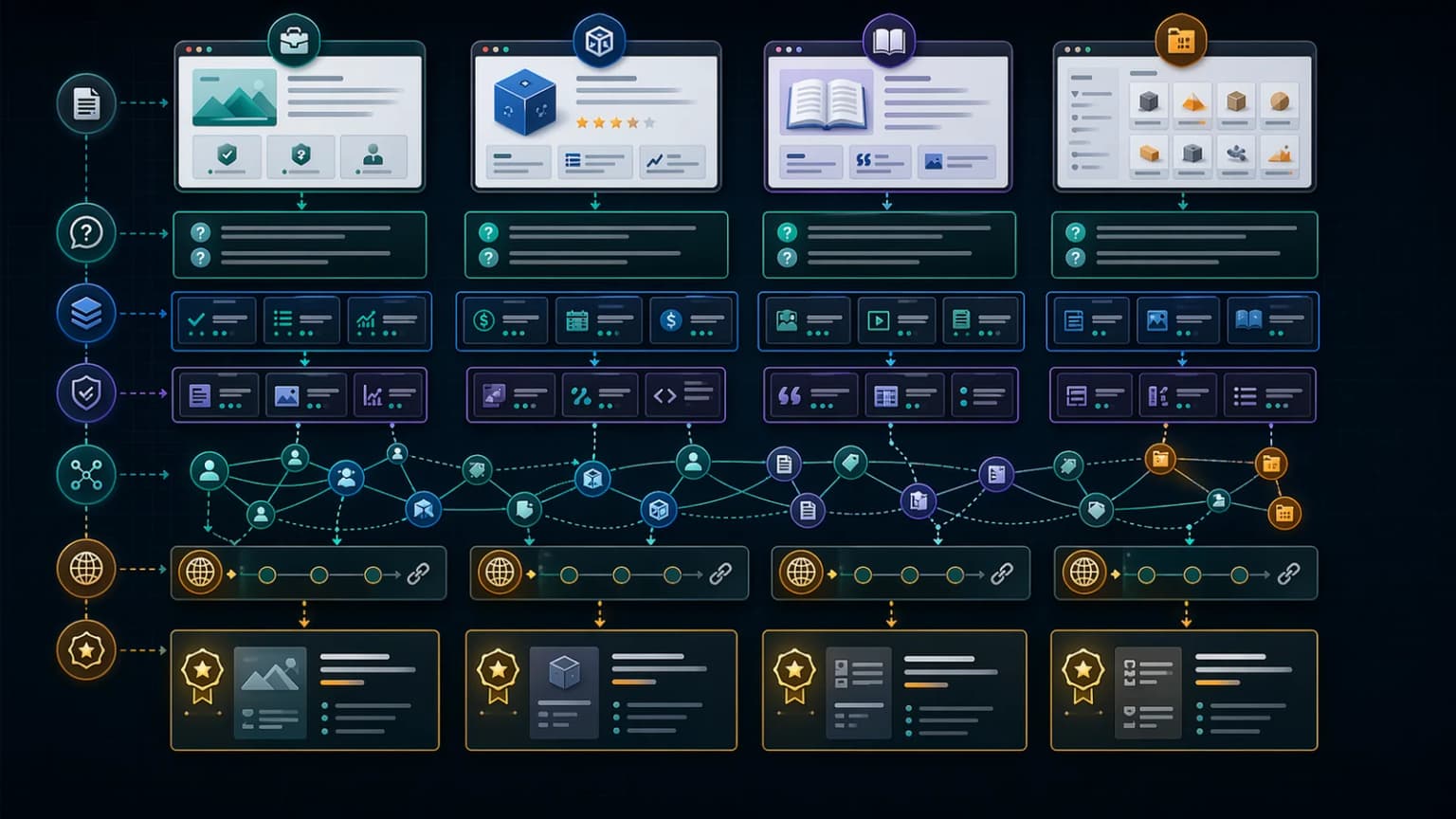 Entity model matrix showing service, product, editorial, and category pages as citation-ready source templates.
