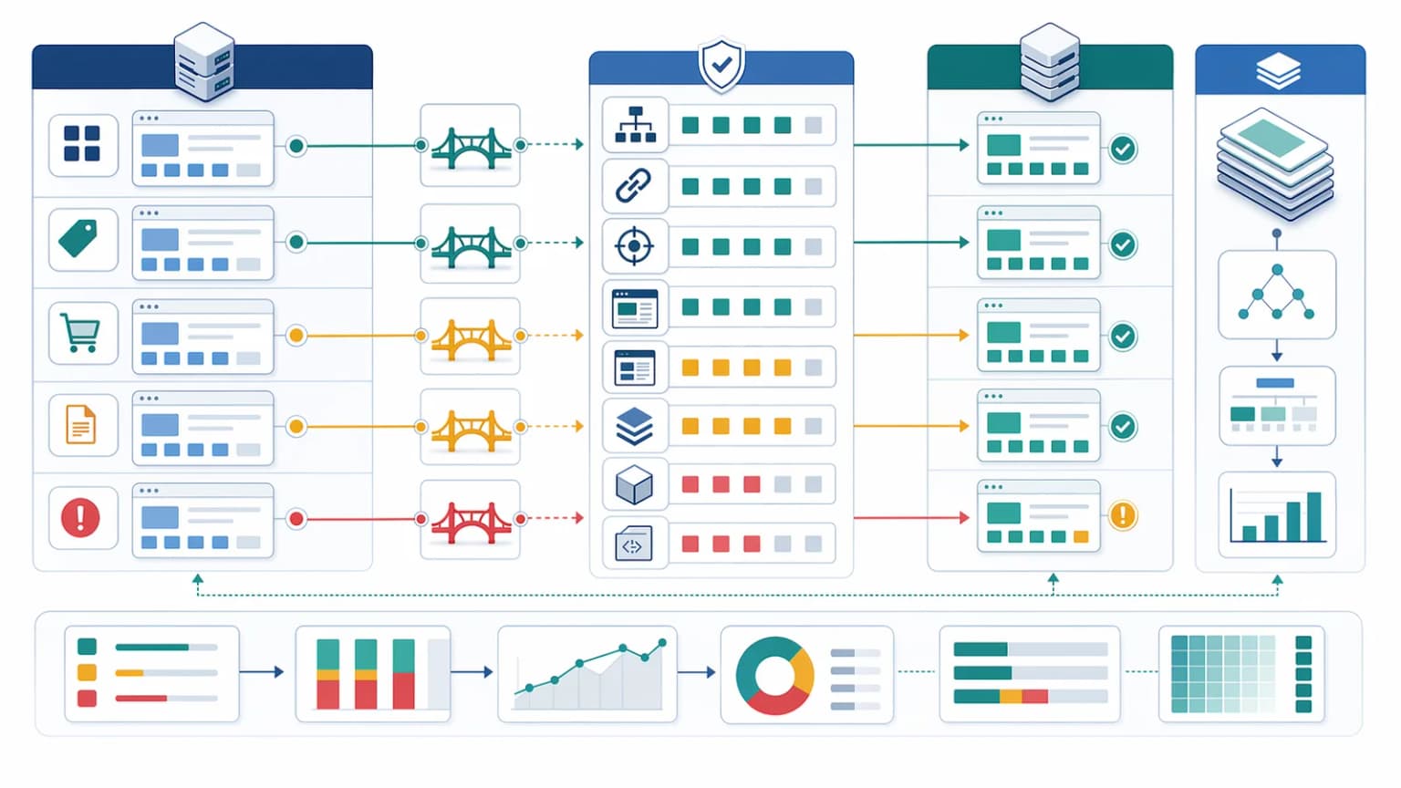 Migration recovery architecture showing legacy route families, redirect bridges, new canonical destinations, sitemap updates, canonical alignment, machine-facing checks, and recovery signals.