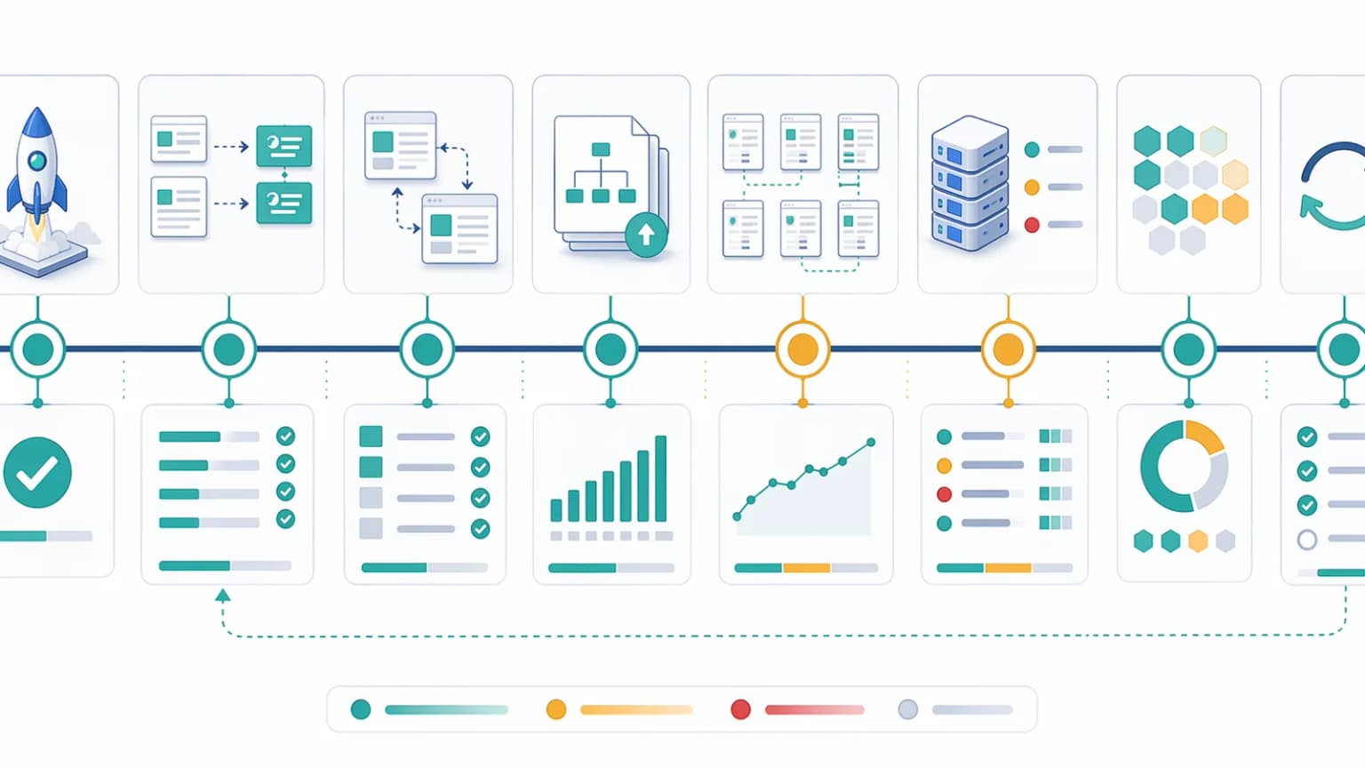 Post-launch monitoring timeline showing redirect validation, canonical checks, sitemap resubmission, route-family crawl recovery, log review, indexation checkpoints, and cleanup loops.