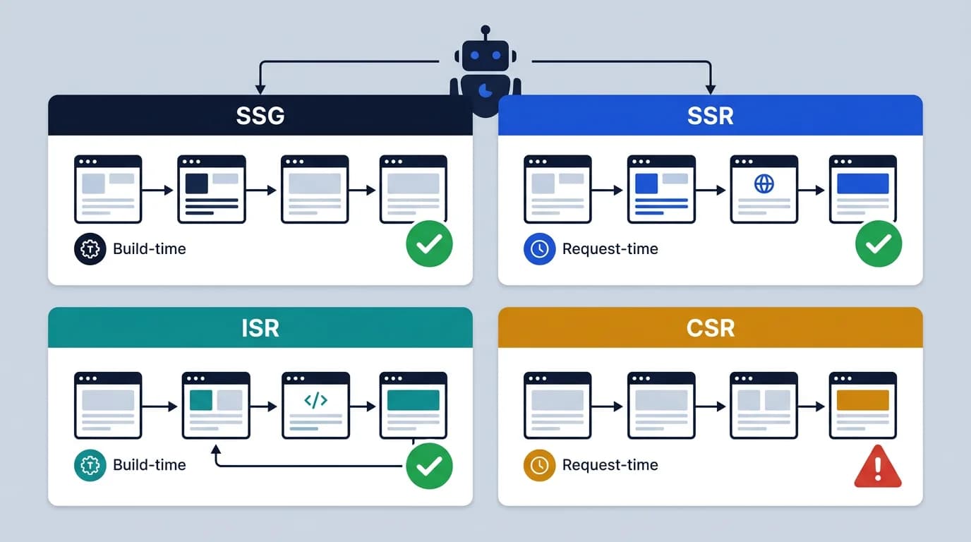 Next.js rendering decision framework for SEO, crawlability, and AI visibility.