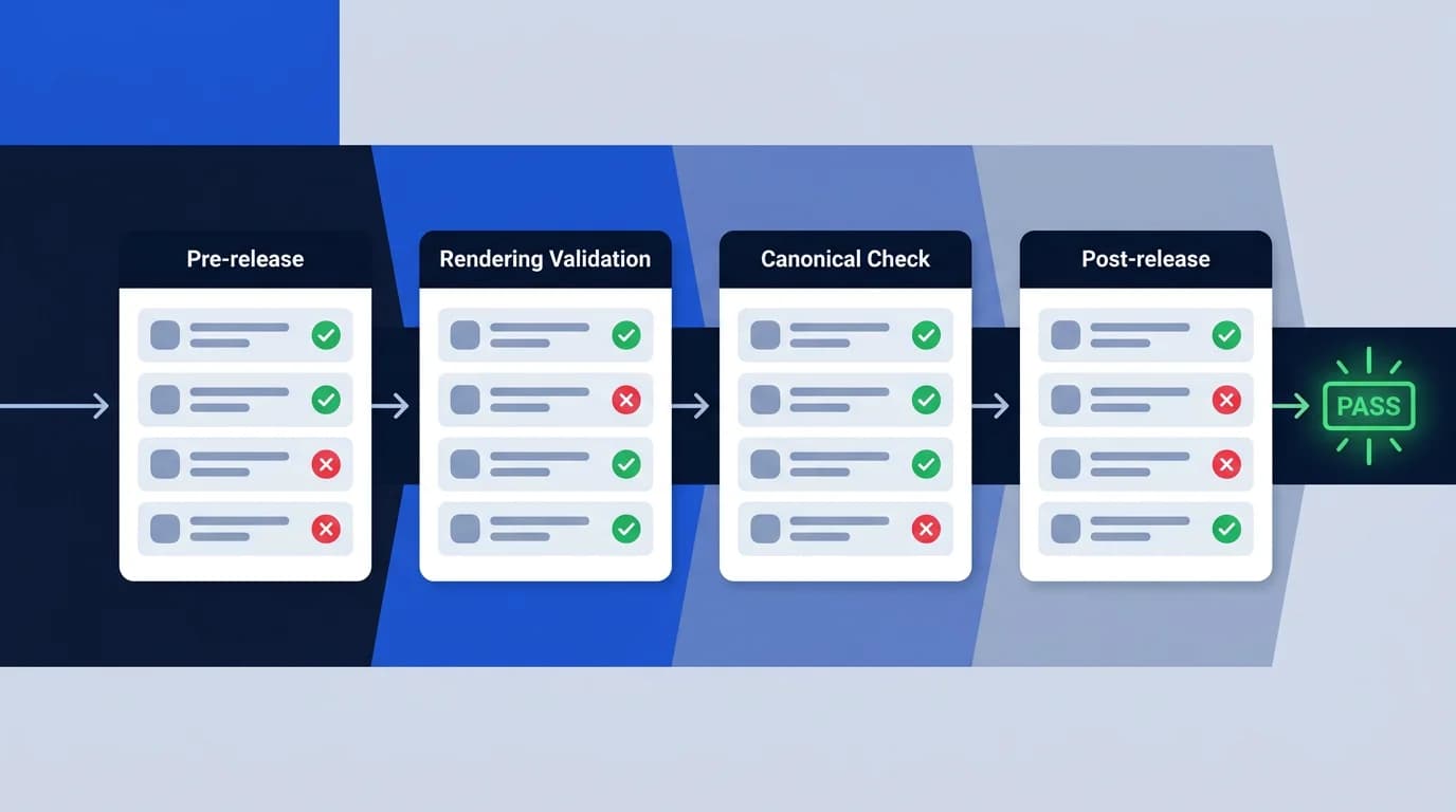 Rendering QA checklist for SEO releases with first-response validation, canonical parity, cache checks, and route-family QA.