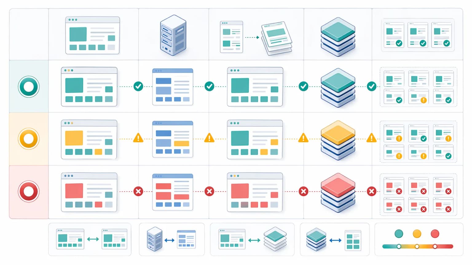 Parity risk matrix comparing user-facing output, raw first response, prerendered output, cached state, and release-risk areas across aligned, drifting, and failing states.
