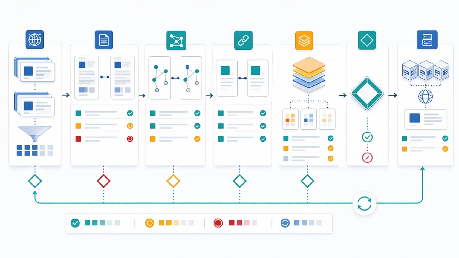 Pre-release validation workflow showing staging crawl samples, raw HTML comparison, schema/entity comparison, canonical alignment, cache simulation, launch approval, and production recheck.