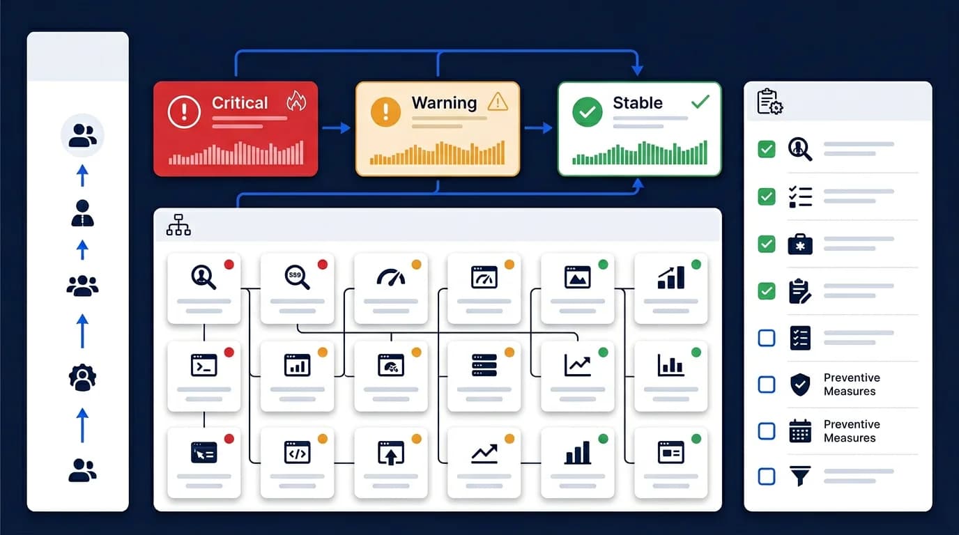 SEO incident response playbook with triage, route-family scoping, rollback decisions, and postmortem workflow for technical teams.