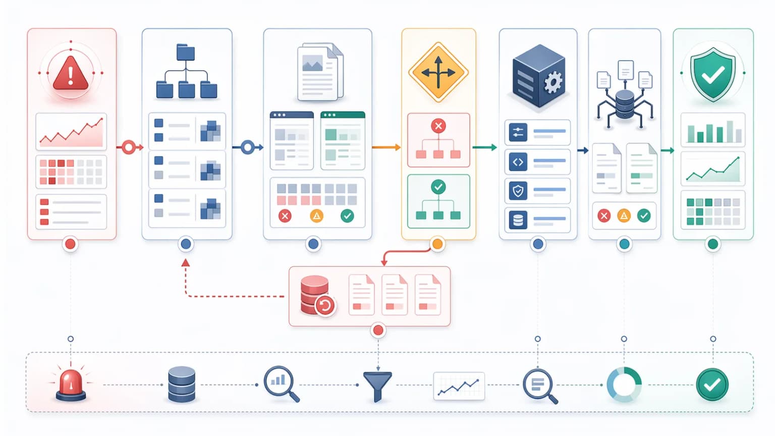 SEO incident response workflow showing detection, scoping, output validation, rollback or patch decisions, crawler-facing rechecks, and recovery closure.