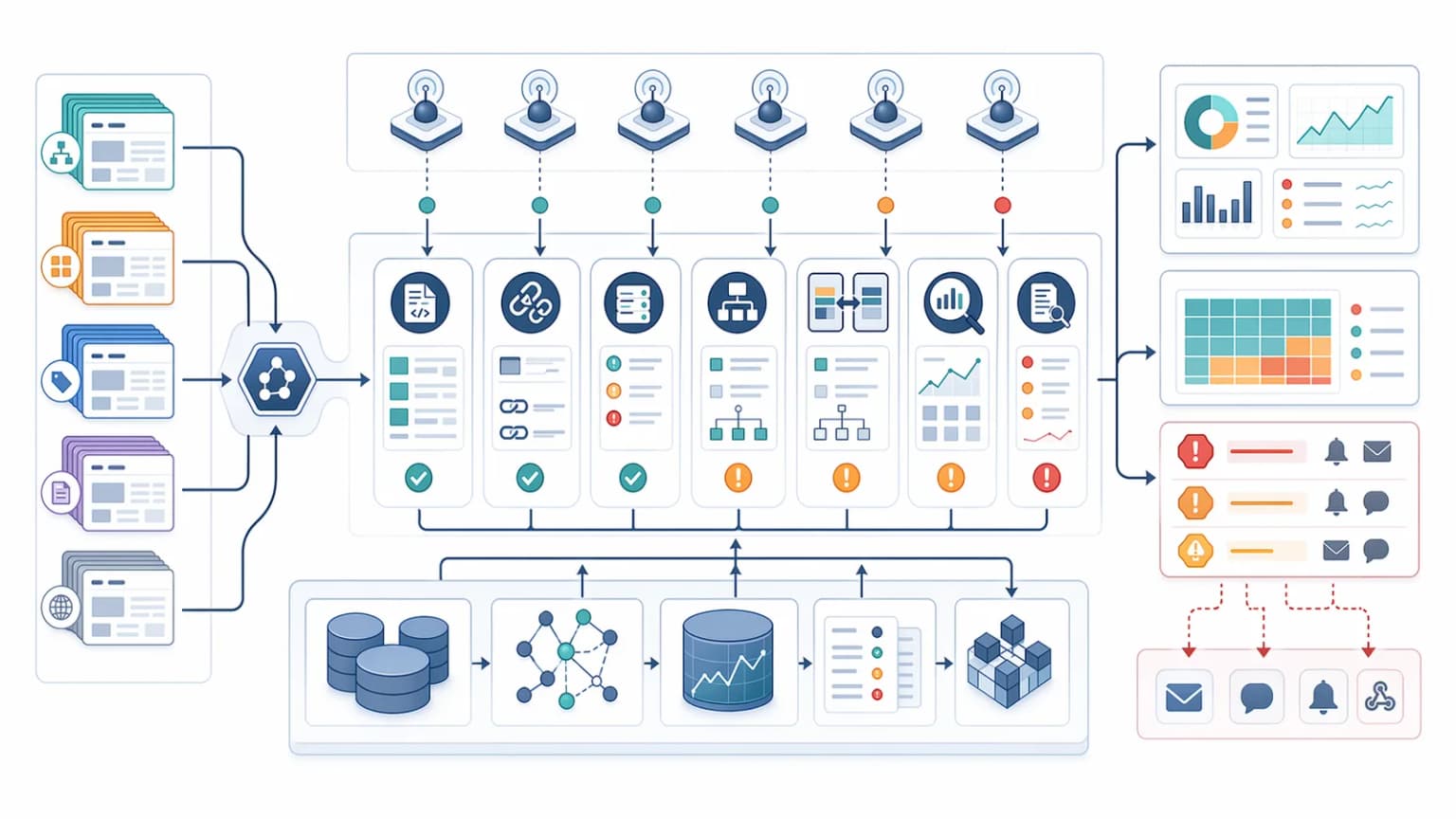 Technical SEO monitoring stack architecture showing route samples, first-response checks, canonical validation, status monitoring, sitemap drift, rendering parity, logs, and alert routing.