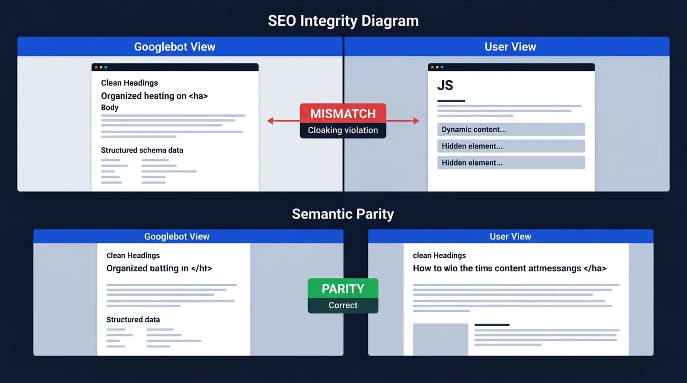 SSR cloaking risks and semantic parity issues on JavaScript-heavy websites.