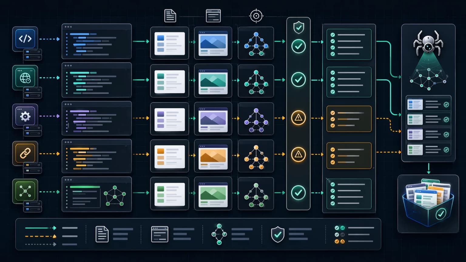 Checklist panel for raw HTML, prerender output, hydrated DOM, canonicals, and schema parity validation.