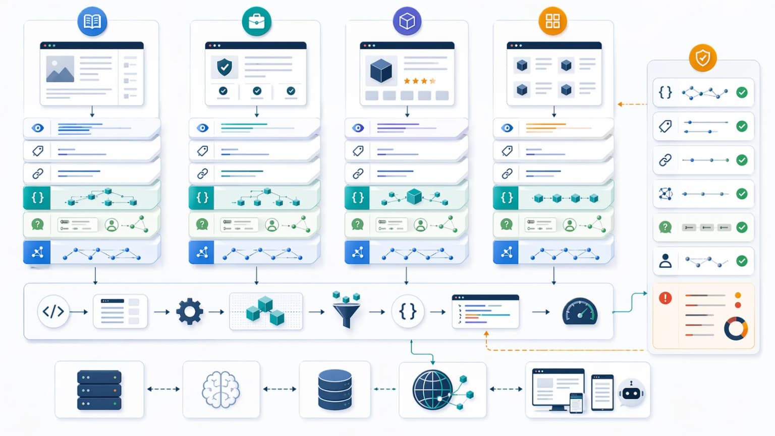 Template stack map covering blog, service, product, and category pages with stable JSON-LD layers.