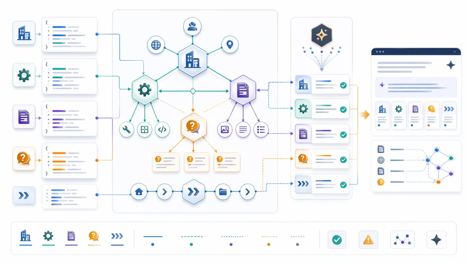 Entity graph layout showing Organization, Service, Article, FAQ, and Breadcrumb relationships for AI extraction.