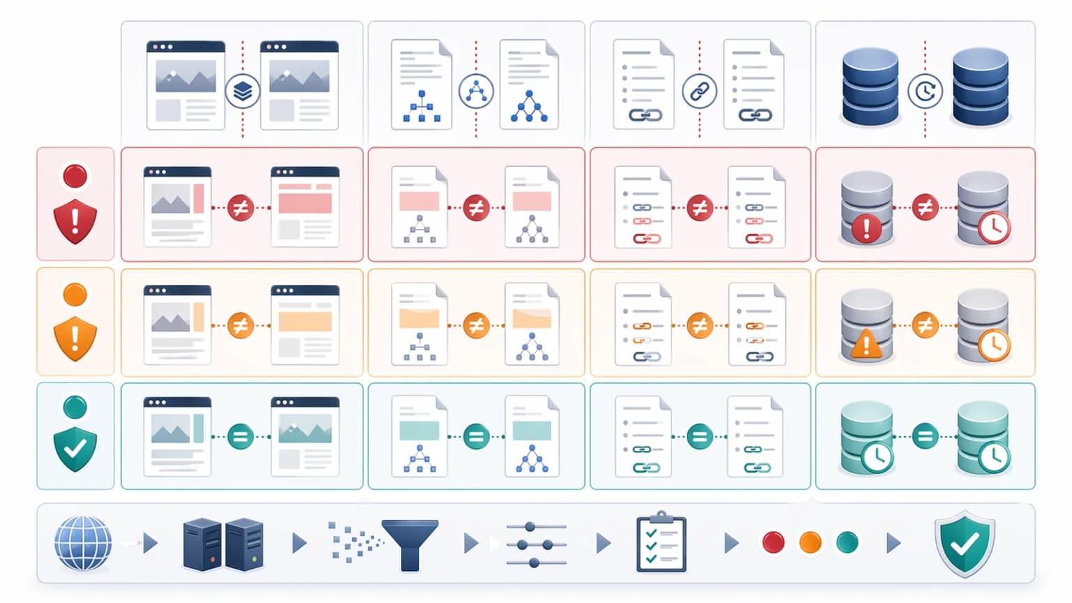 Cloaking risk control matrix showing parity controls for HTML, metadata, links, canonicals, and cache freshness across risk states.