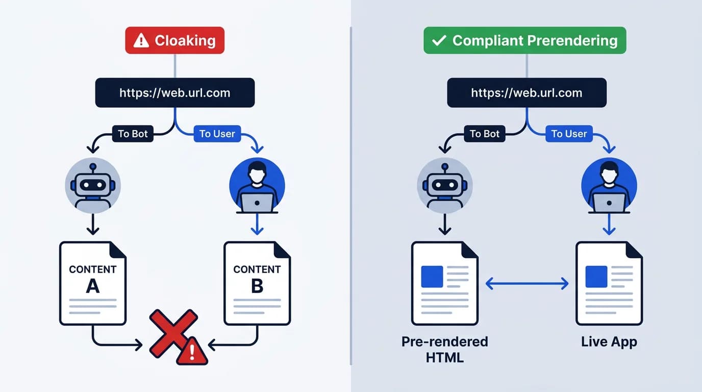 Technical comparison of SEO cloaking and compliant prerendering delivery.
