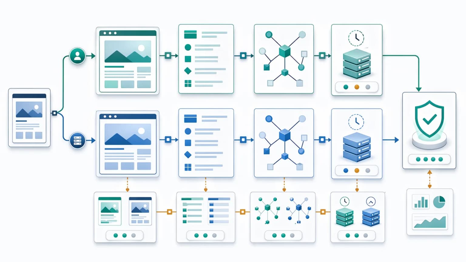Semantic parity validation flow comparing human-rendered output, machine-facing output, metadata layers, links, cache freshness, and approval gates.