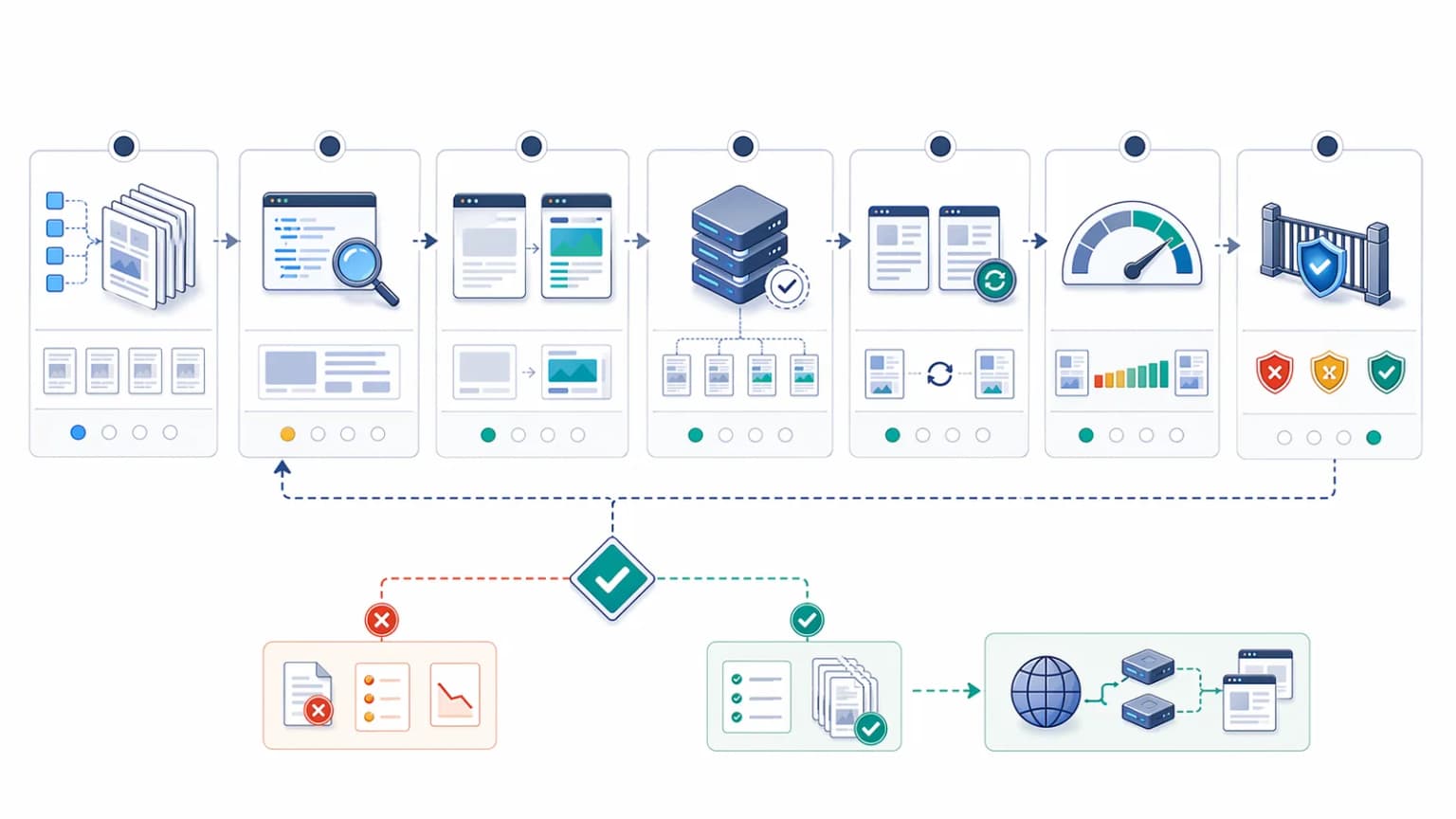 Prerender evaluation workflow showing route sampling, first-response inspection, rendered output comparison, cache testing, freshness, latency, and rollout checks.