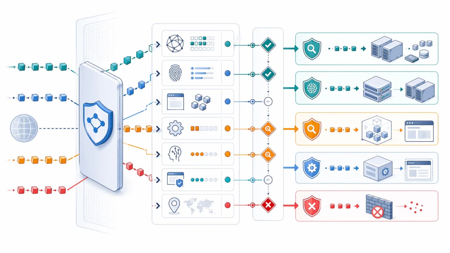 Bot traffic classification architecture showing edge request signals, verified machine traffic, suspicious automation, preview checks, and QA routes.